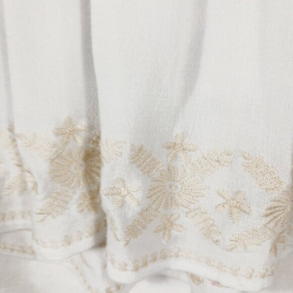 In Loom, Boho Top, Small, White with Tan Embroidery Detail and Lace Trim, Beachy - Picture 8 of 16